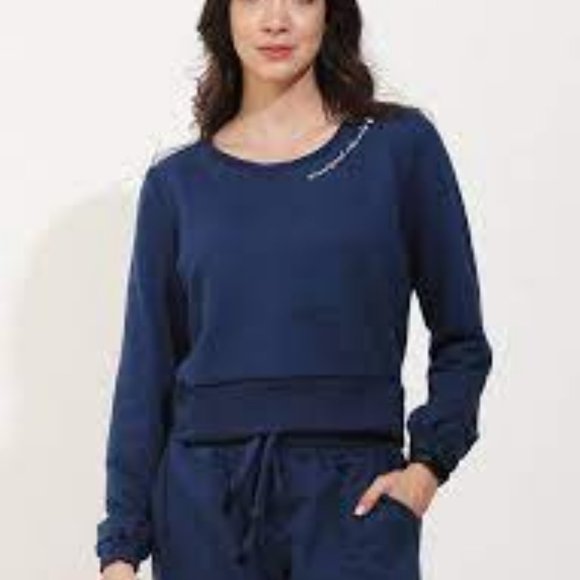 NWT DONA JO WOMENS 2 PIECE SWEATSHIRT & JOGGER "GOOD VIBES" SET NAVY SIZE 1 (SM) - Picture 2 of 15